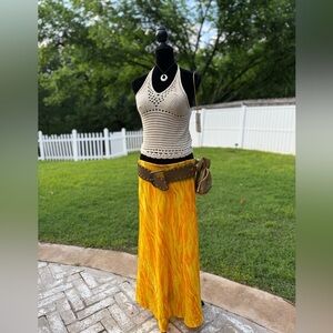 90s Polyester flamed Yellow maxi Skirt